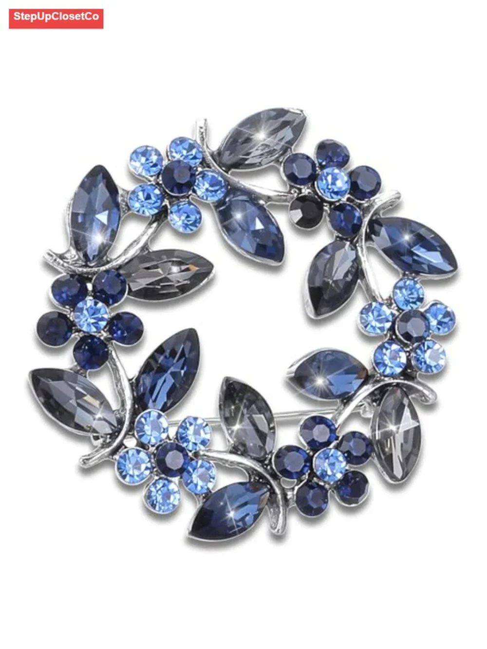 Sparkling Blue Crystal Flower Brooch Pin for Women - Vintage Rhinestone Shirt